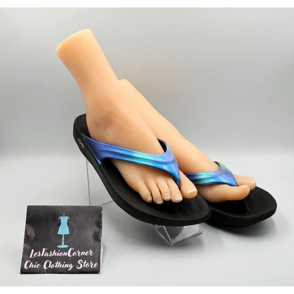 Oofos Women's Iridescent Black & Blue Oolala Luxe Flip Flops Size W10 2831 - Picture 12 of 16